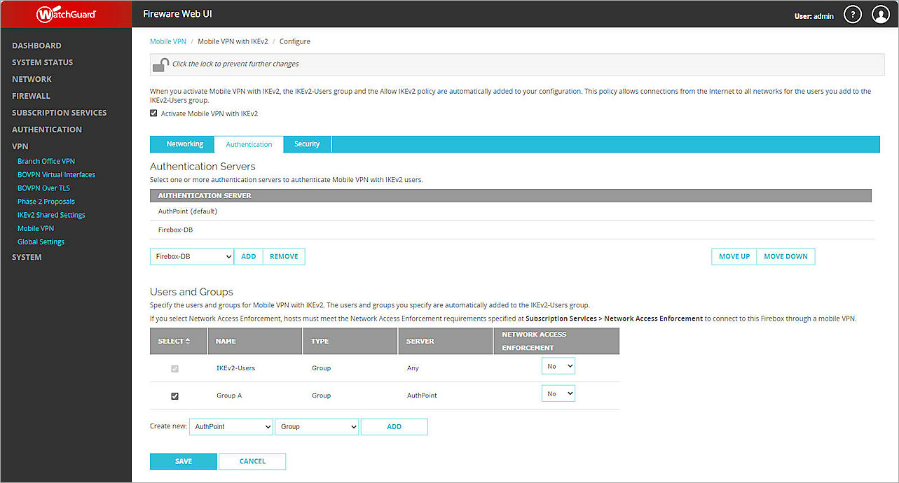 Screenshot of firebox, IKEv2 Authentication